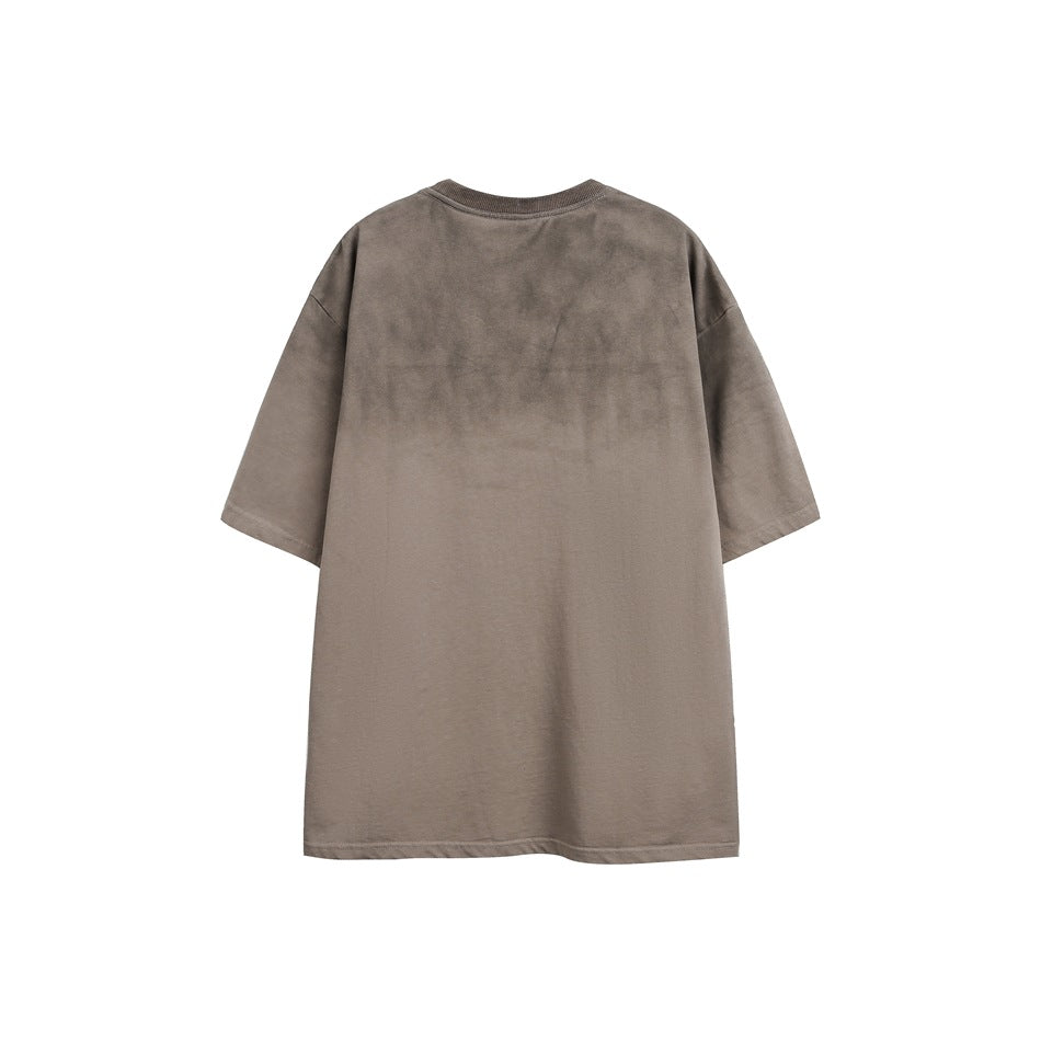 Back view of a plain taupe short-sleeve crew-neck T-shirt.