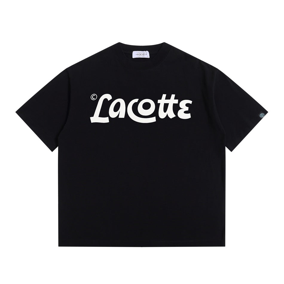 Black short-sleeve crewneck T-shirt with a large cream script wordmark print on the chest, flat front view