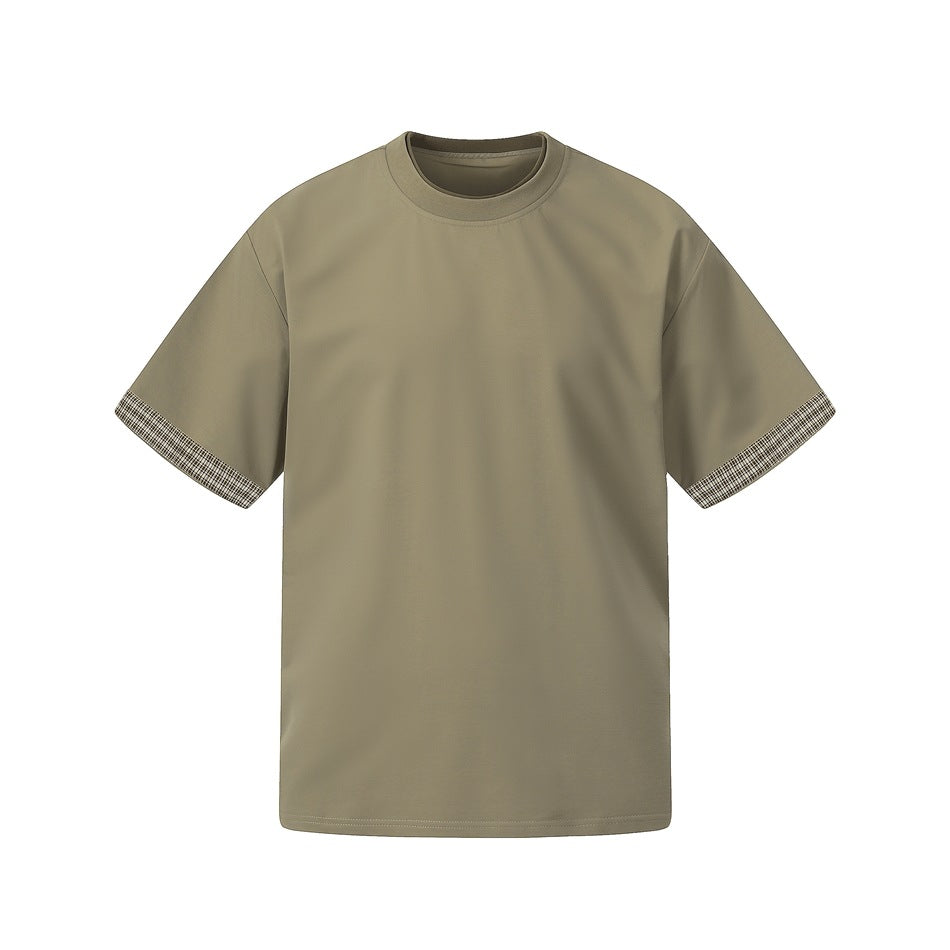 Army green short-sleeve crew-neck tee with matching neckline trim and plaid cuffs, flat front view