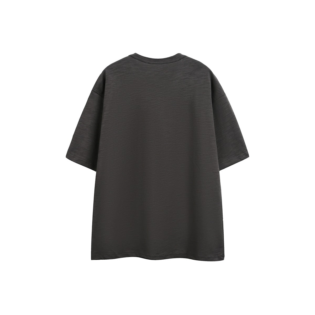 Plain charcoal short-sleeve T-shirt shown from the back on a white background.