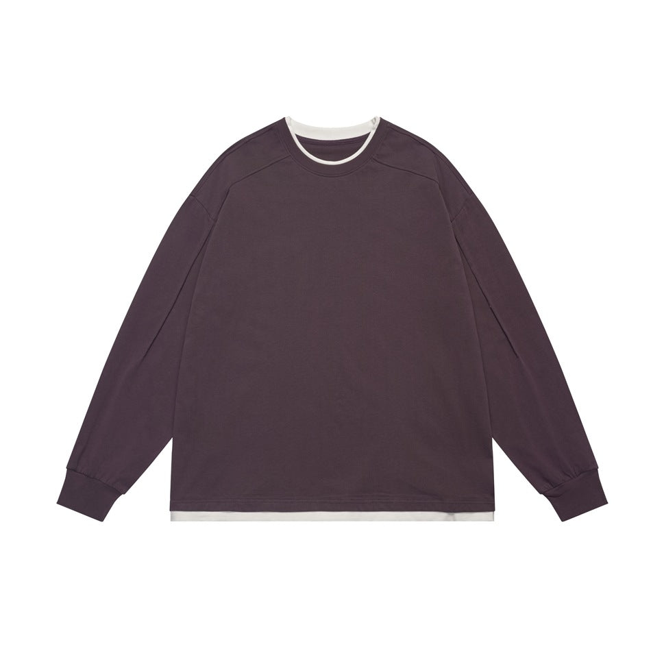 Purple long-sleeve crew-neck top with off-white layered collar and hem, flat lay front view