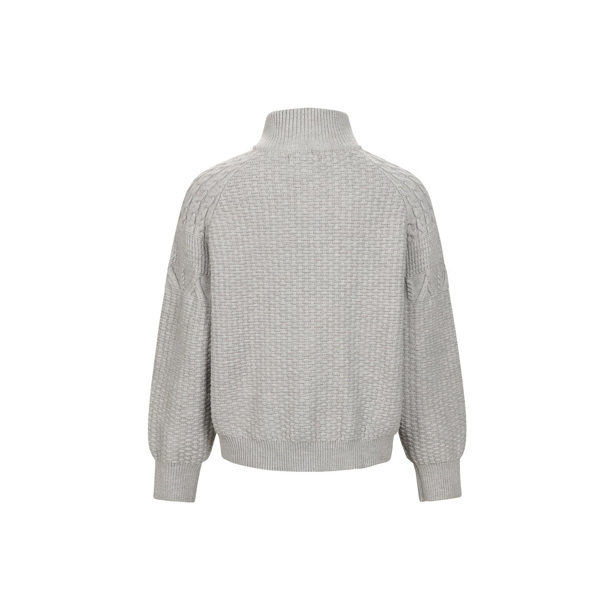 Back view of a light gray cardigan with a high ribbed collar, textured knit, and ribbed cuffs and hem.