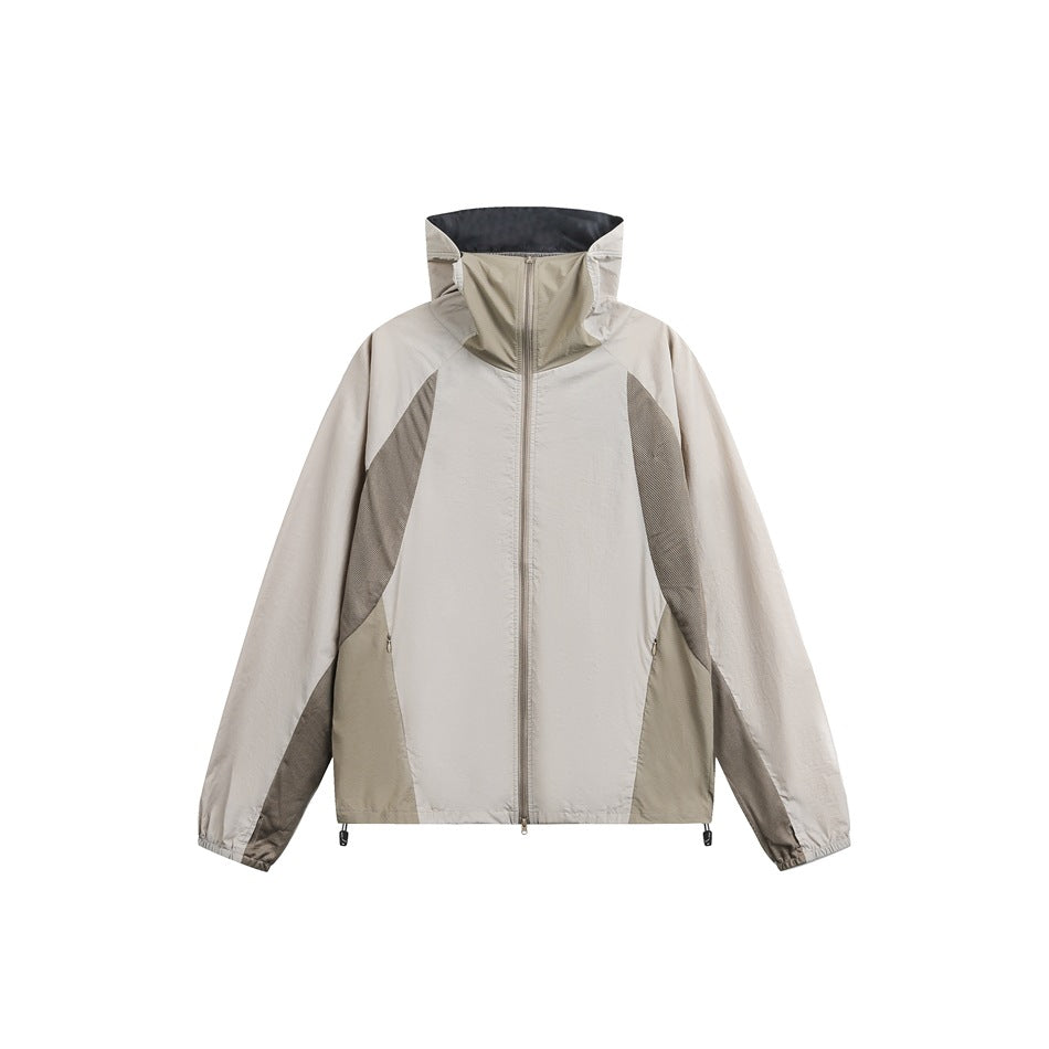 Khaki hooded zip jacket with taupe mesh-look side panels, high collar and hem toggles, flat front view