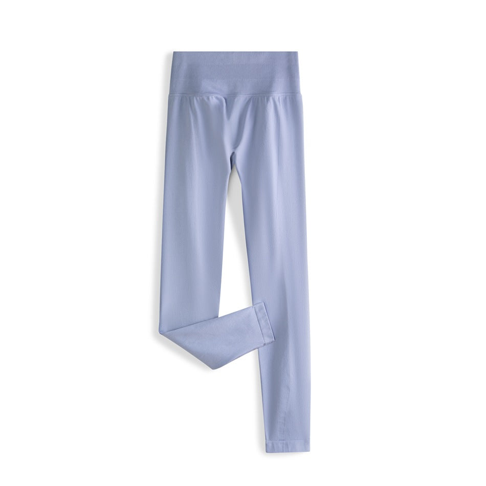 Periwinkle blue high-waisted ankle-length leggings laid flat with one leg folded