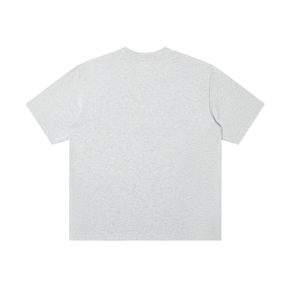 Back view of a plain heather gray crew-neck T-shirt with short sleeves.