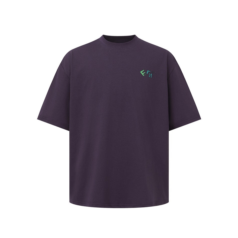 Dark plum oversized short-sleeve T-shirt with a small green and teal chest logo, shown from the front.