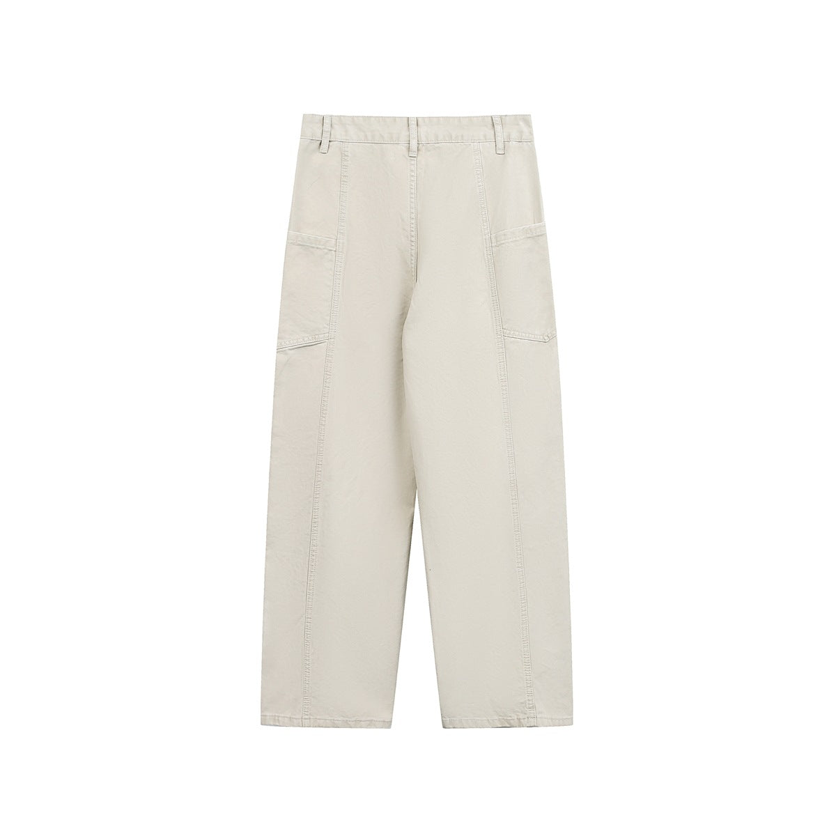 Light khaki straight-leg pants flat lay, back view with vertical leg seams and large patch pockets