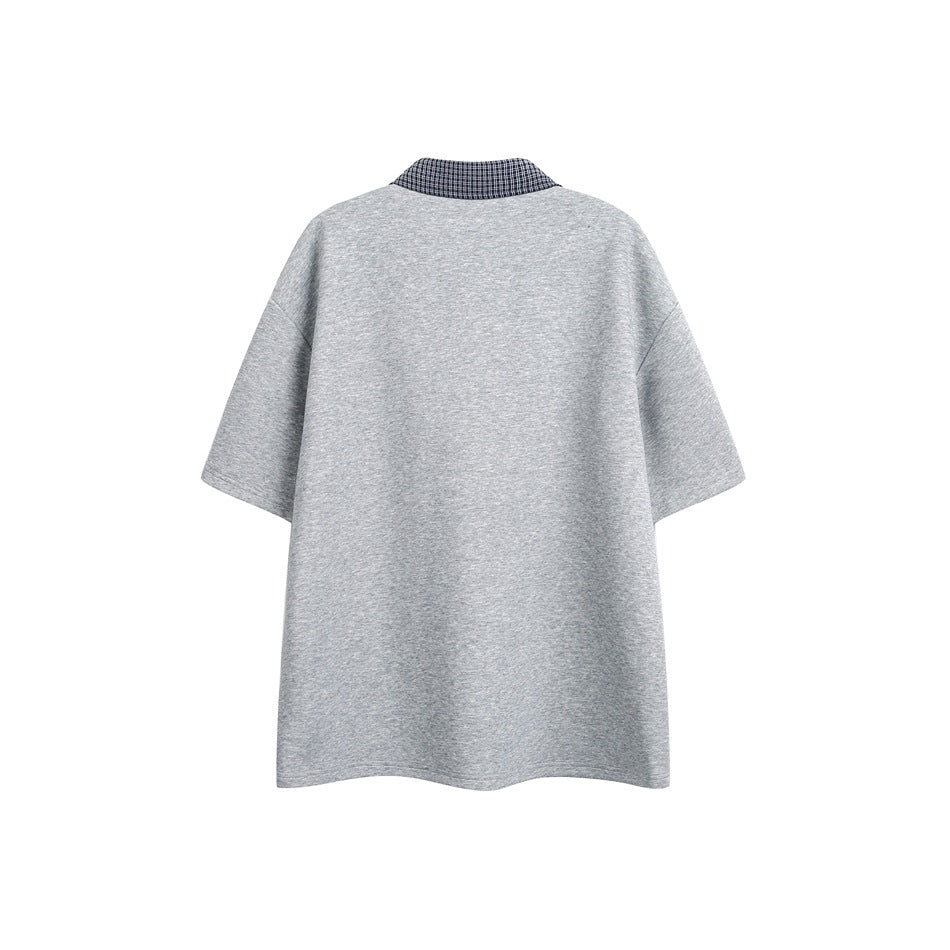 Back view of a heather-gray short-sleeve shirt with a dark checked collar, laid flat against a white background.