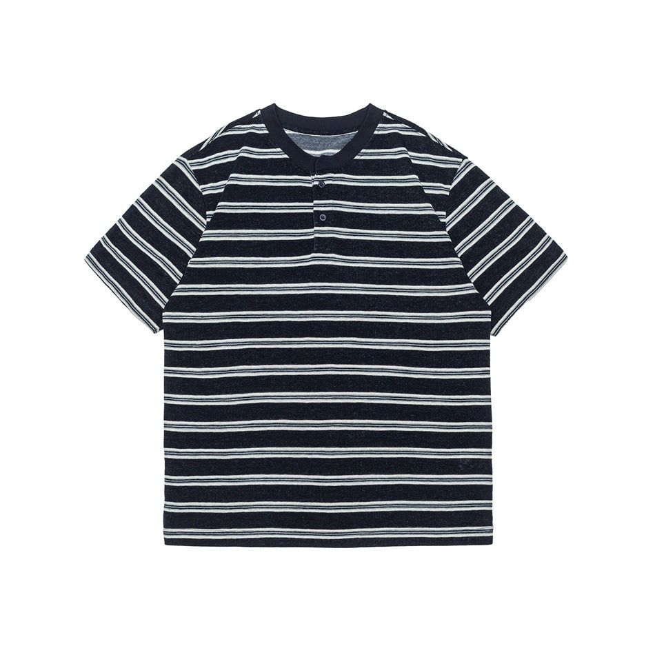 Navy short-sleeve Henley T-shirt with white horizontal stripes and button placket, flat lay front view