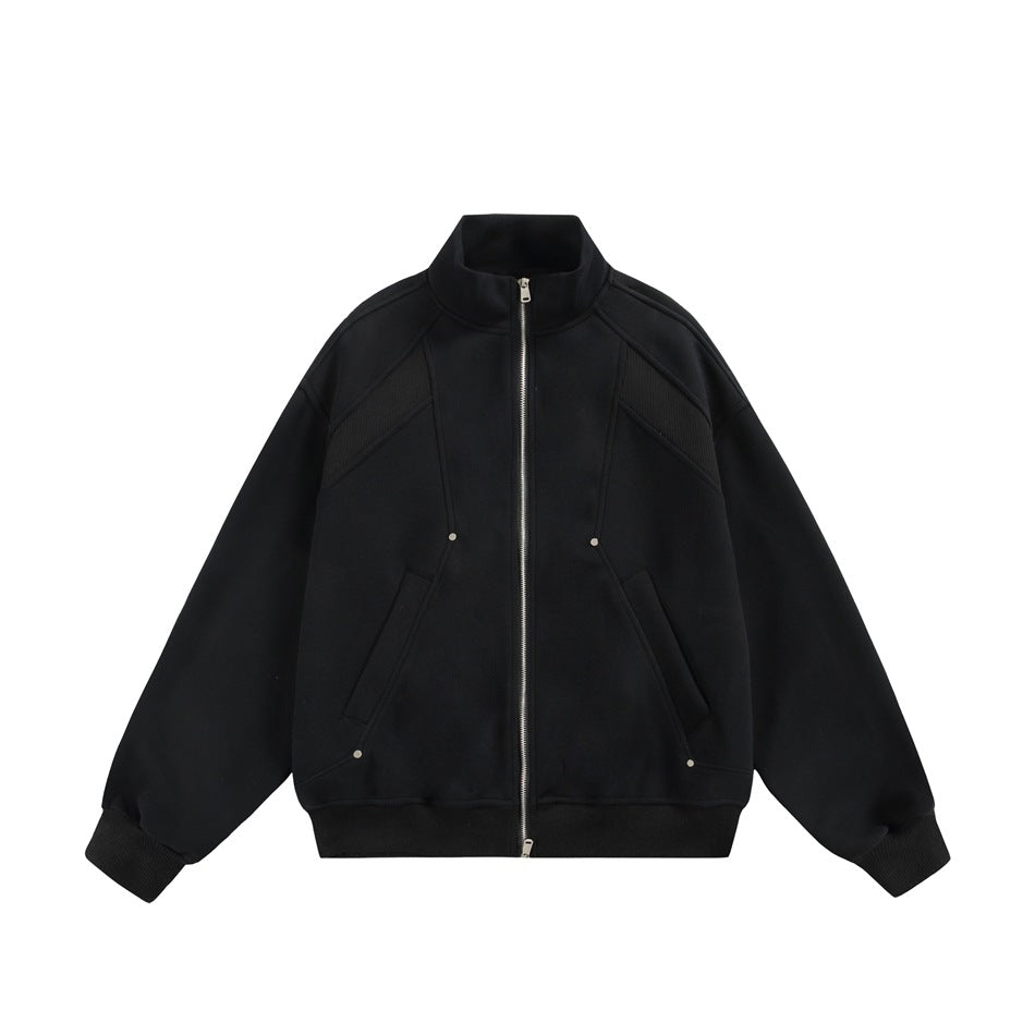 Black zip-front stand-collar jacket flat lay with ribbed hem and cuffs and silver zipper
