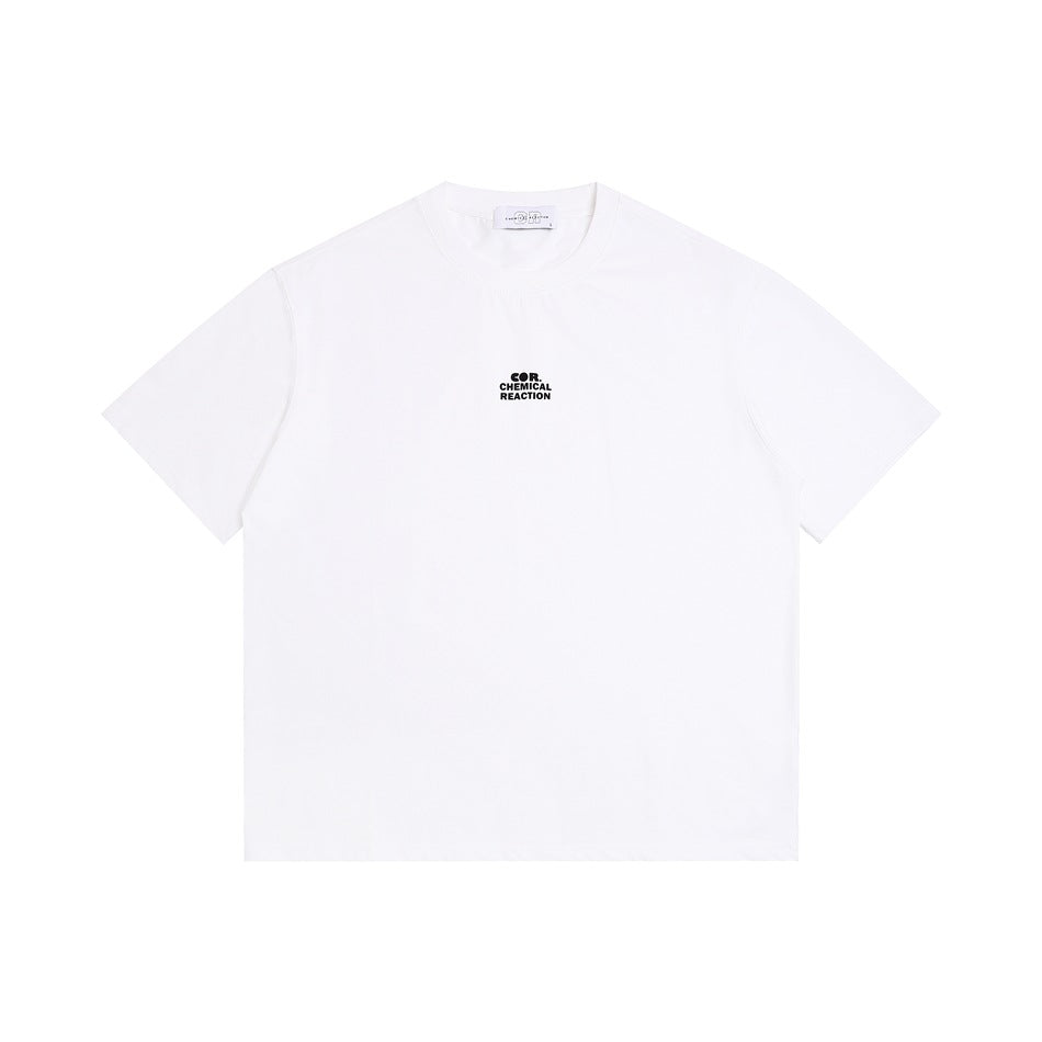 White short-sleeve crew-neck t-shirt flat lay with a small black chest print and white neck label