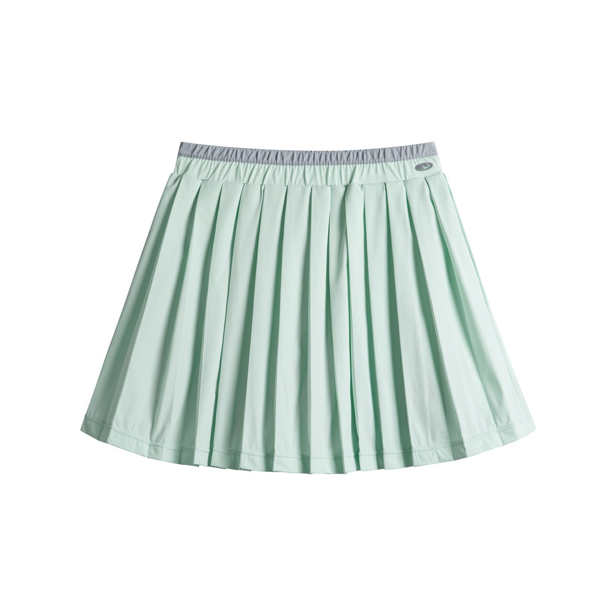 Light aqua green pleated mini skirt with a gray contrast waistband, front flat view