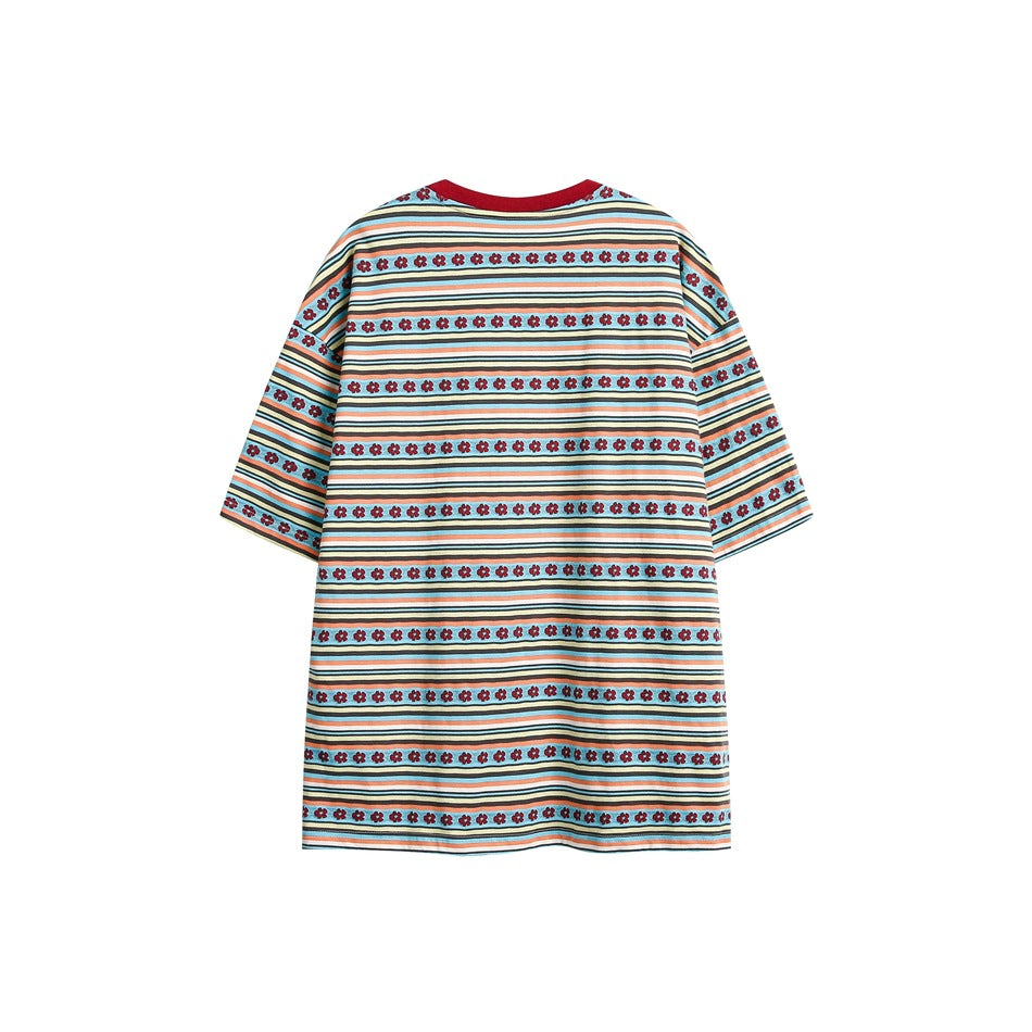 Back of multicolor striped short-sleeve T-shirt with rows of small red flowers and red collar