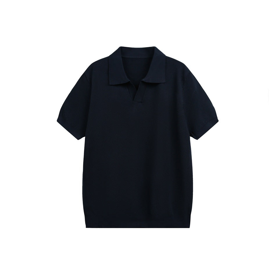Navy knit short-sleeve polo shirt with turn-down collar and open V placket, flat front view