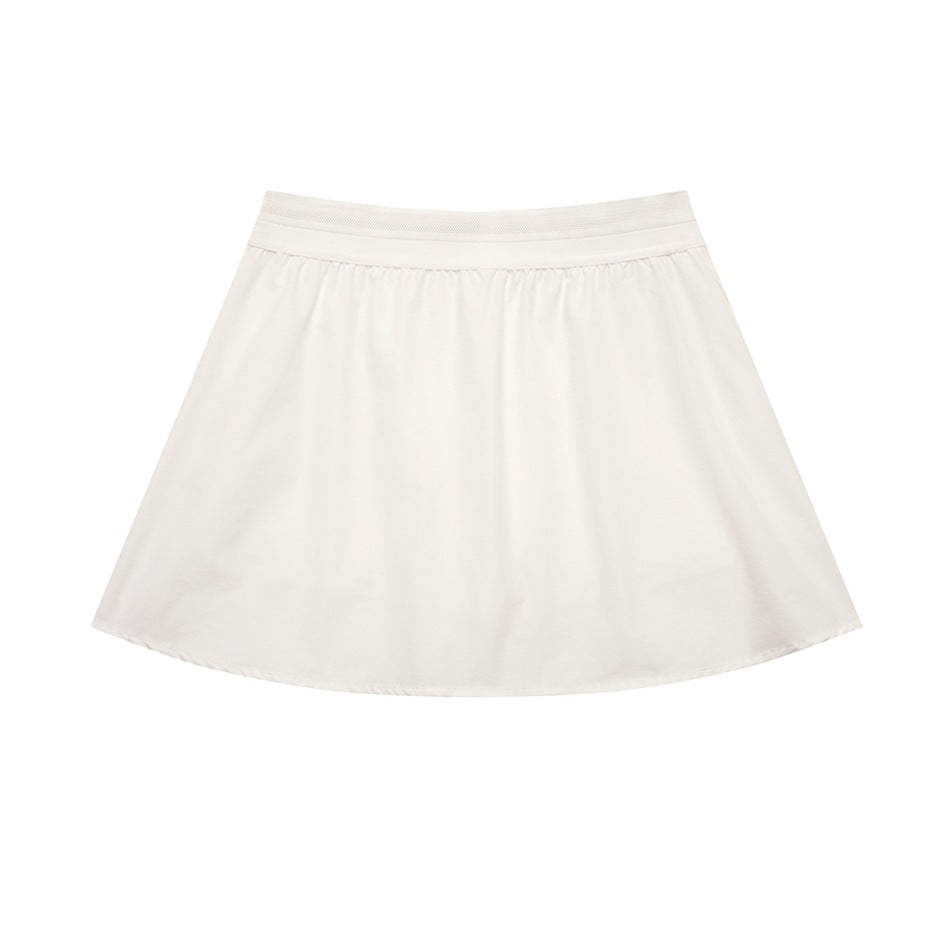 Flat-lay view of the back of a white flared skirt with a wide matching elastic waistband.