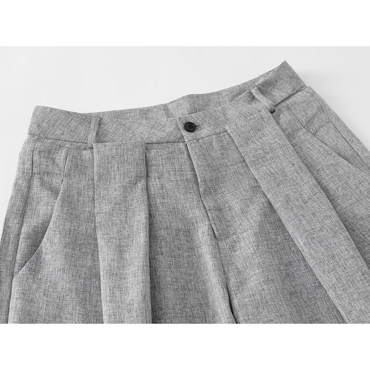 Close-up of gray wide-leg trousers showing the waistband, button, pleats, and front pocket.
