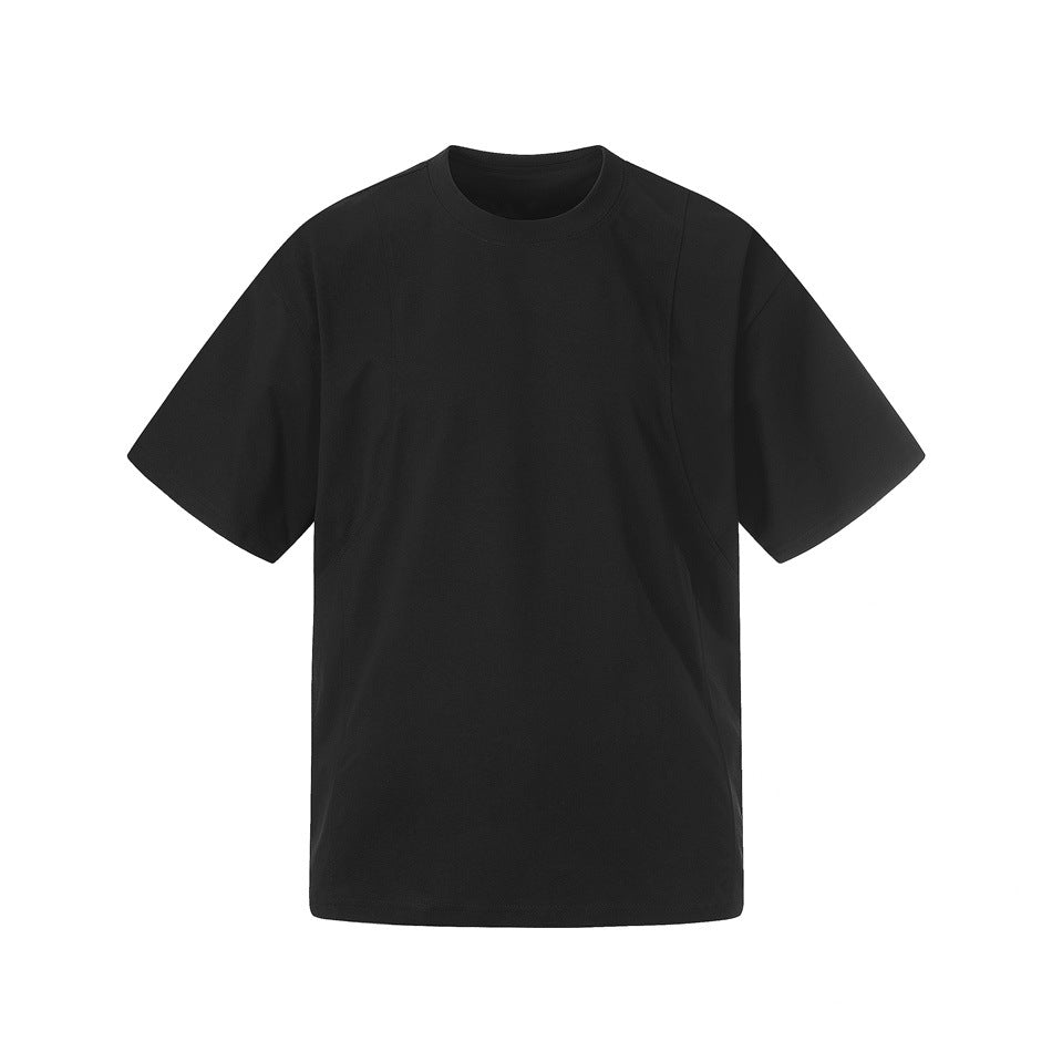 Black short-sleeve crew-neck T-shirt with curved shoulder and front panel seams, flat front view
