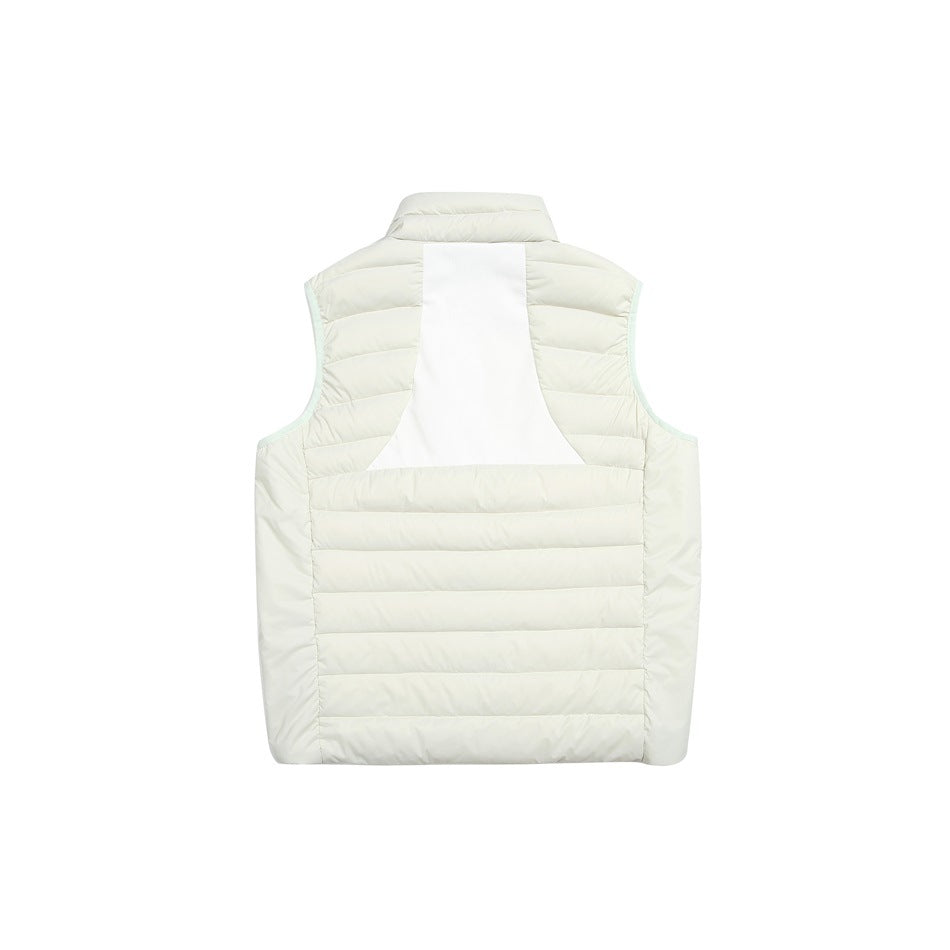 Back view of a white sleeveless quilted vest with a high collar and contrasting white upper-back panel.