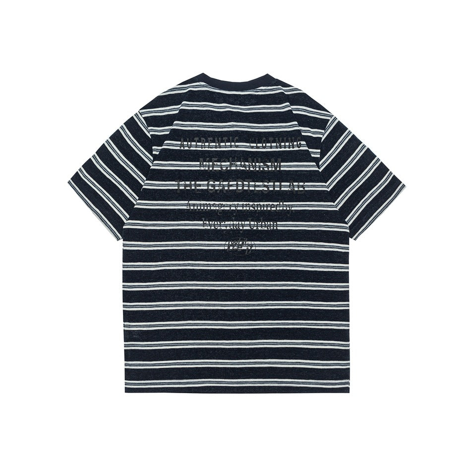 Back view of a navy short-sleeve shirt with thin ivory stripes and large English lettering across the upper back.
