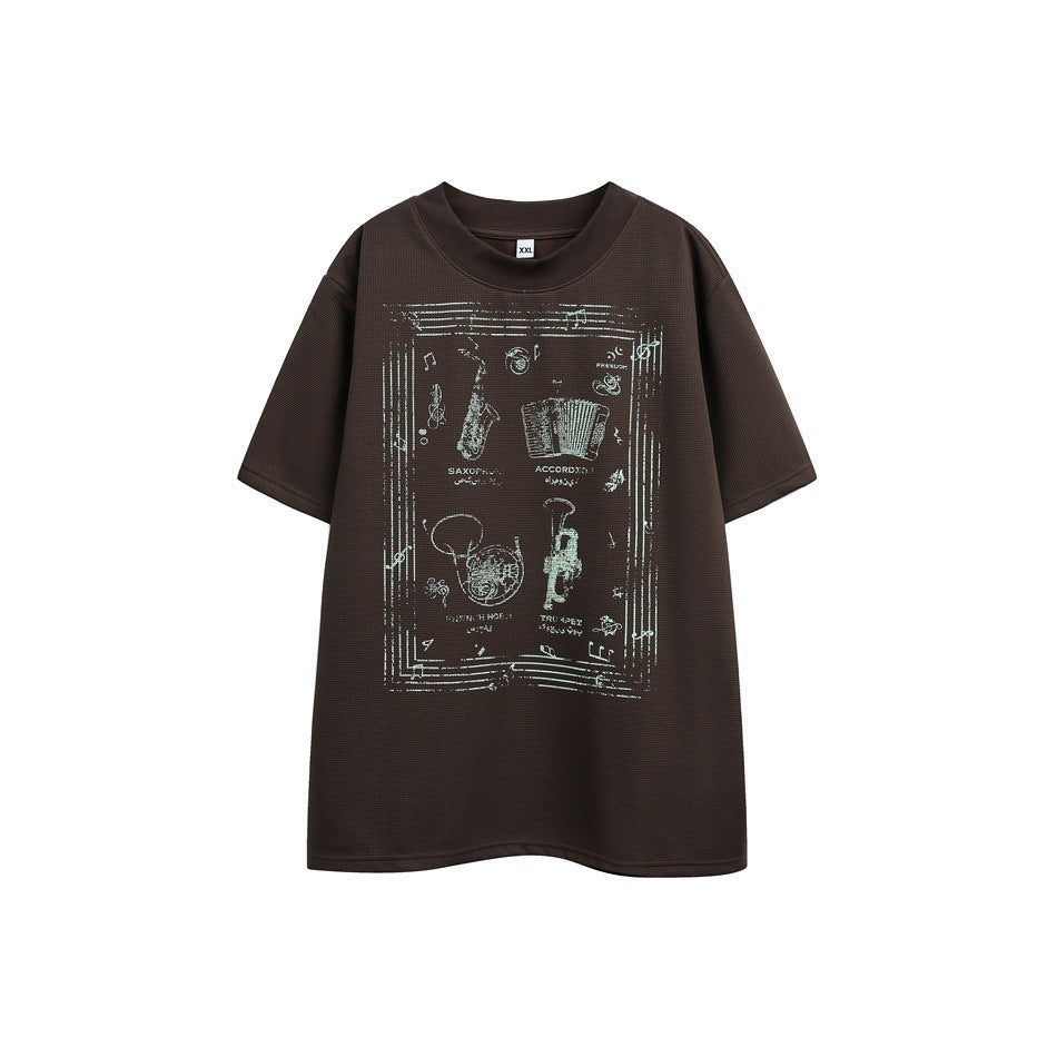 Dark brown waffle-knit short-sleeve T-shirt with pale mint musical instrument graphic, flat front view