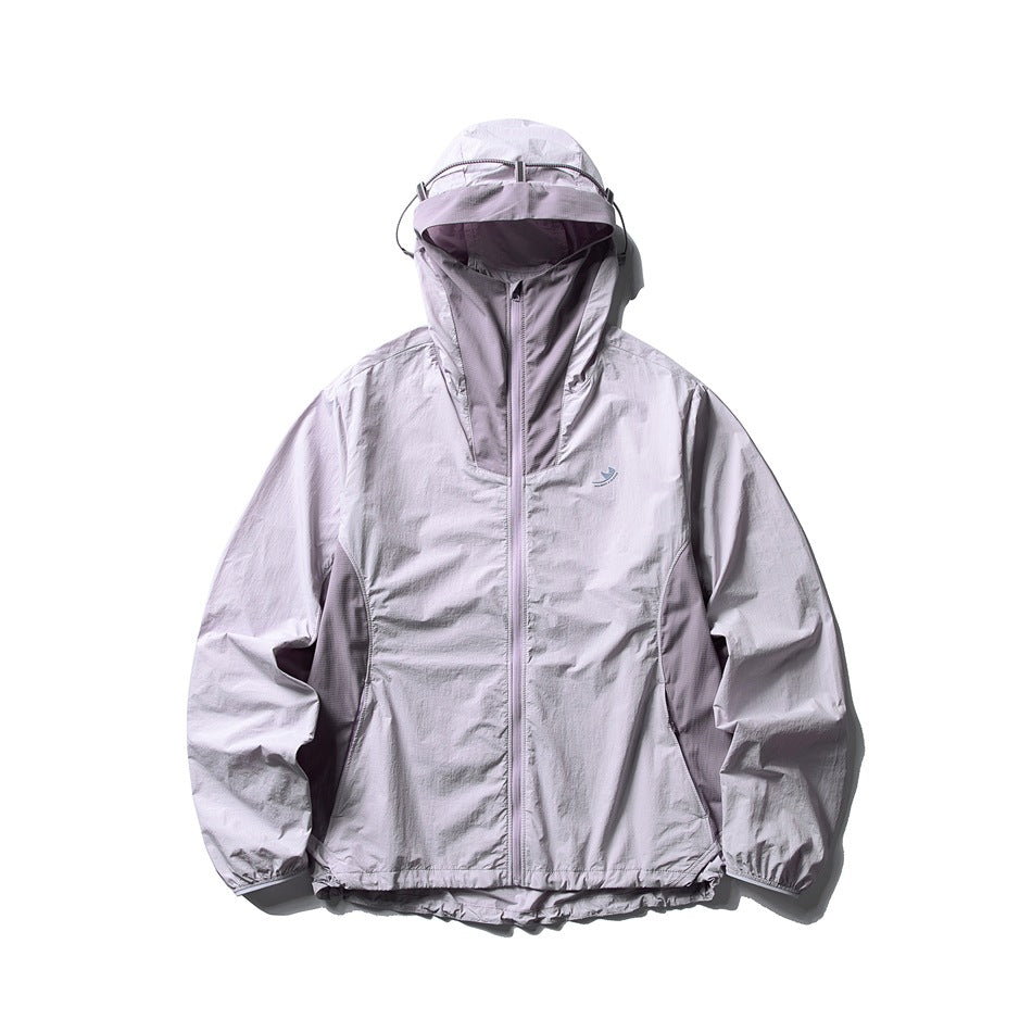 Lilac hooded full-zip jacket with darker mauve contrast panels and drawcord hem, front view