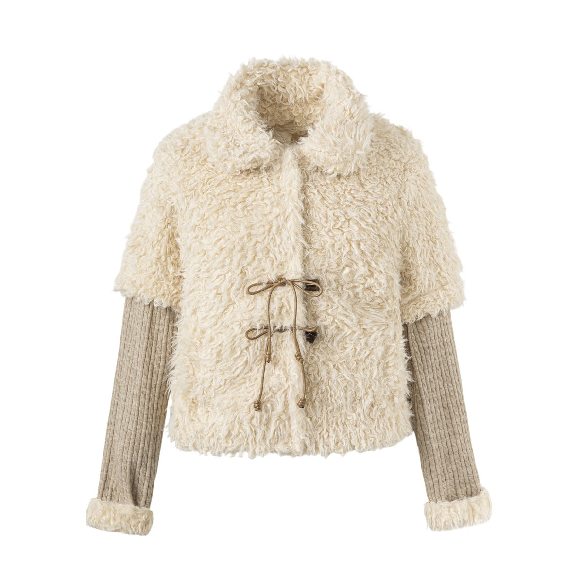 Cream fleece-textured cropped jacket with khaki ribbed sleeves and tan cord bow closure, front view