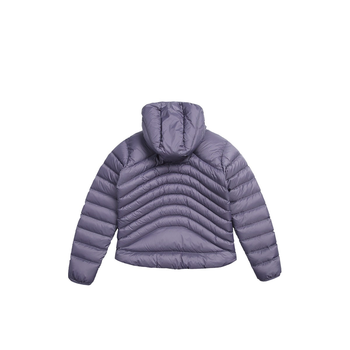 Back view of a lavender-gray hooded puffer jacket with curved quilted channels.