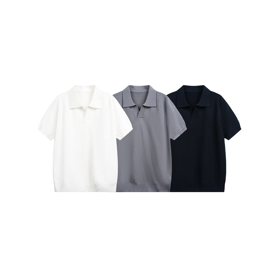 Three short-sleeve collared pullovers shown together in white, gray, and dark navy.