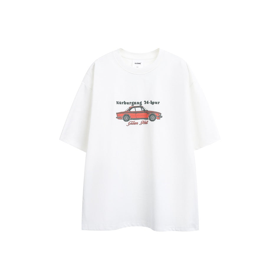 White short-sleeve crew-neck T-shirt with red vintage car print and Nürburgring 24-hour text on the chest