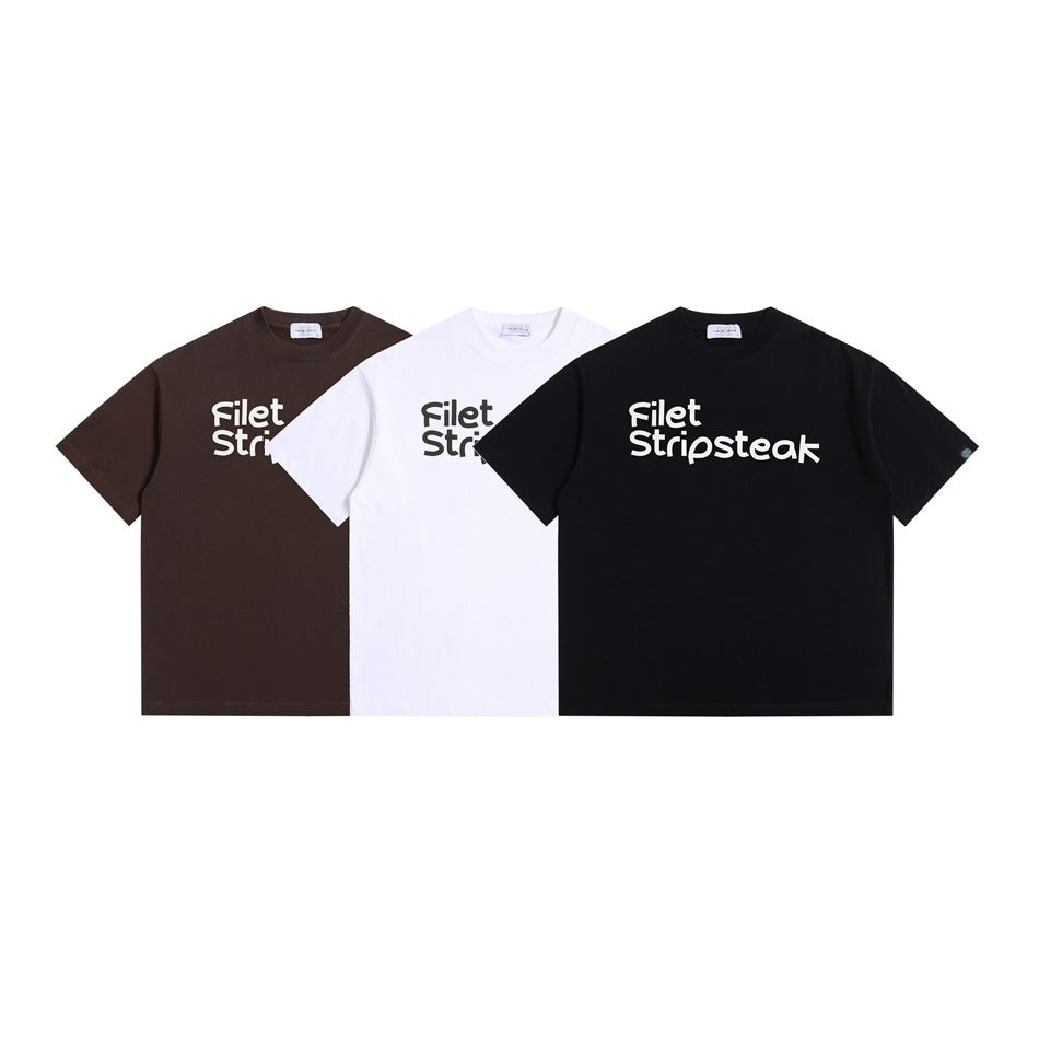 Front view of brown, white, and black crew-neck T-shirts with “Filet Stripsteak” chest lettering.