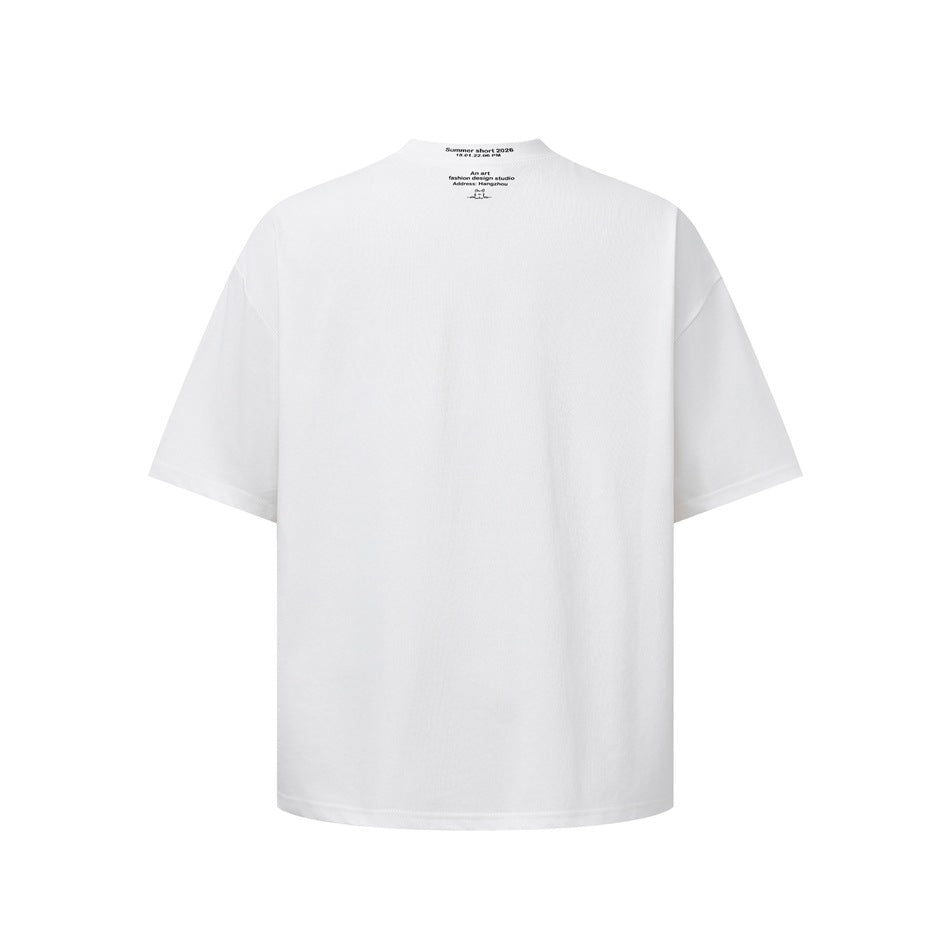 White short-sleeve T-shirt back view with small black printed text at the back neck