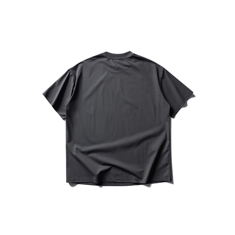 Back view of a plain dark gray short-sleeve crew-neck T-shirt, flat lay