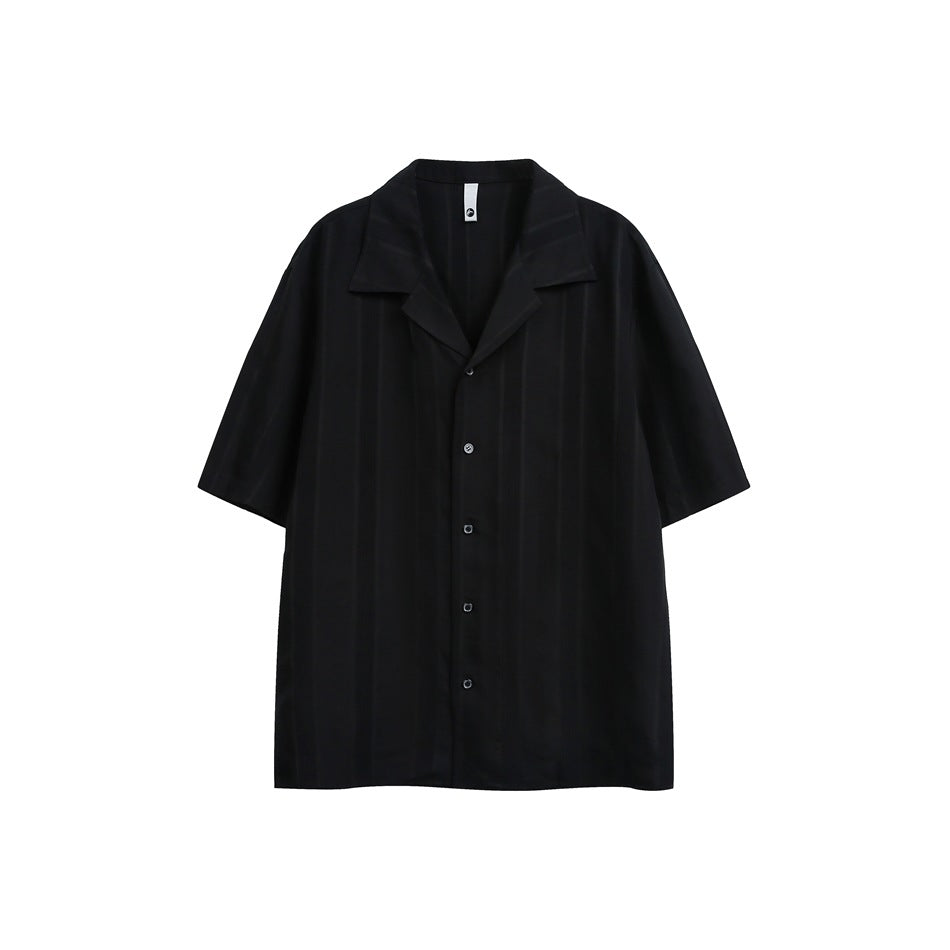 Black short-sleeve striped button-up shirt with notch collar, flat front view
