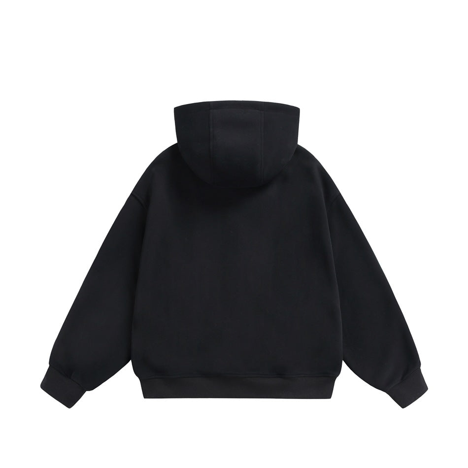 Back view of a plain black hooded sweatshirt with long sleeves and ribbed cuffs and hem.