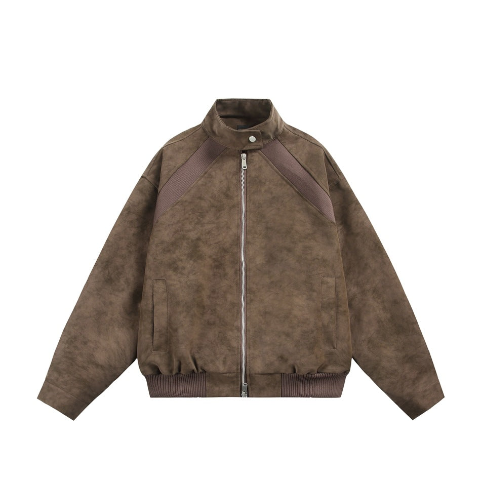 Brown stand-collar zip jacket flat lay with mottled suede-like finish, ribbed shoulder panels and ribbed hem