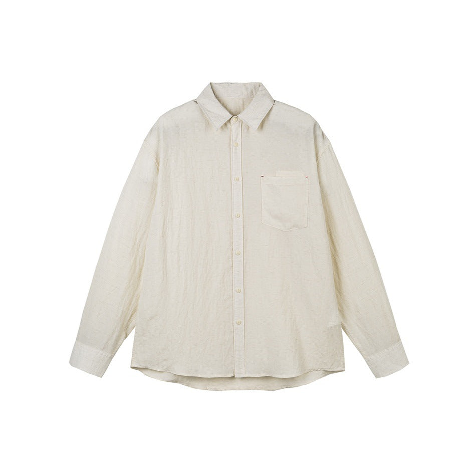 Cream long-sleeve button-up shirt with collar and chest pocket, flat lay front view