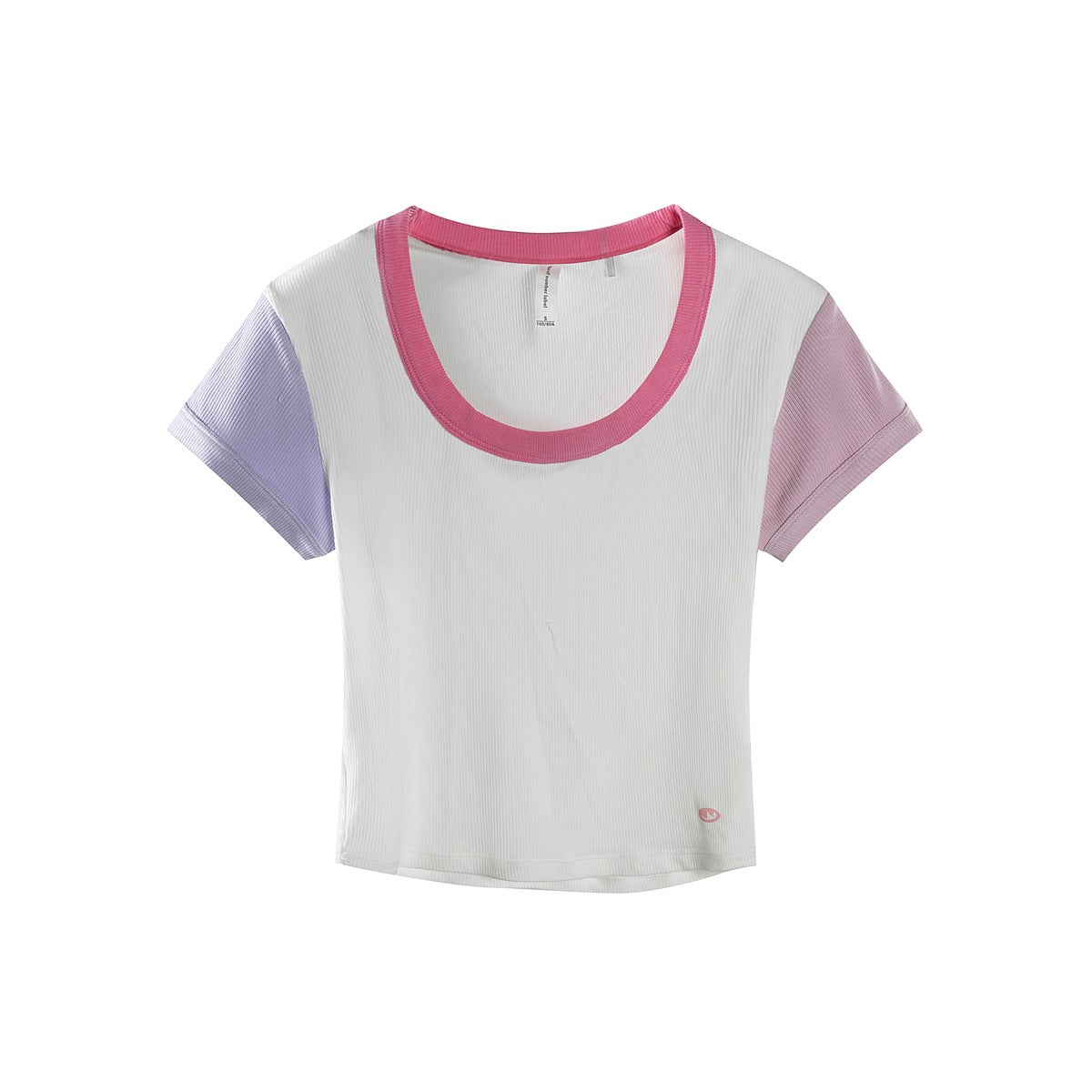 White ribbed cropped tee with pink scoop neckline trim, lilac left sleeve and pink right sleeve, flat lay front view