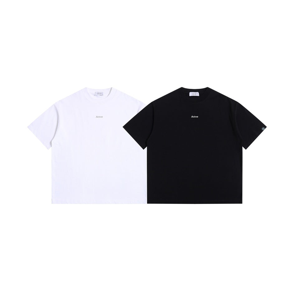 Front views of white and black short-sleeve crew-neck T-shirts with small centered “Active” text.