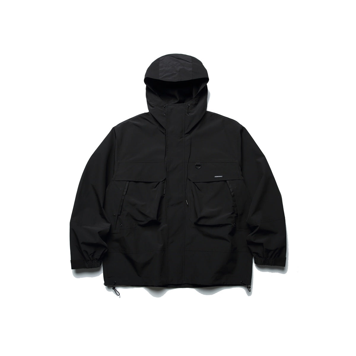 Black hooded zip jacket with two large flap chest pockets, drawcord hem and elasticated cuffs, flat front view