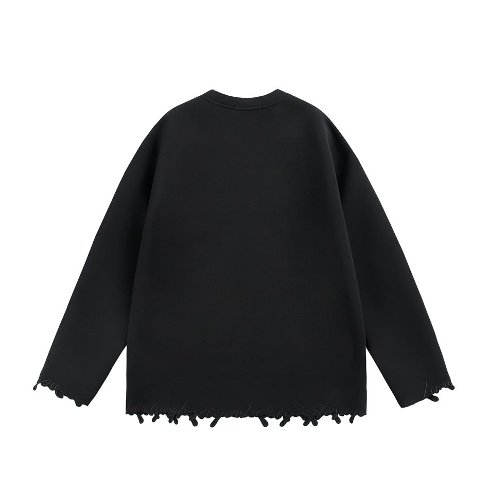 Back view of a black crewneck sweatshirt with long sleeves and an irregular decorative hem and cuffs.