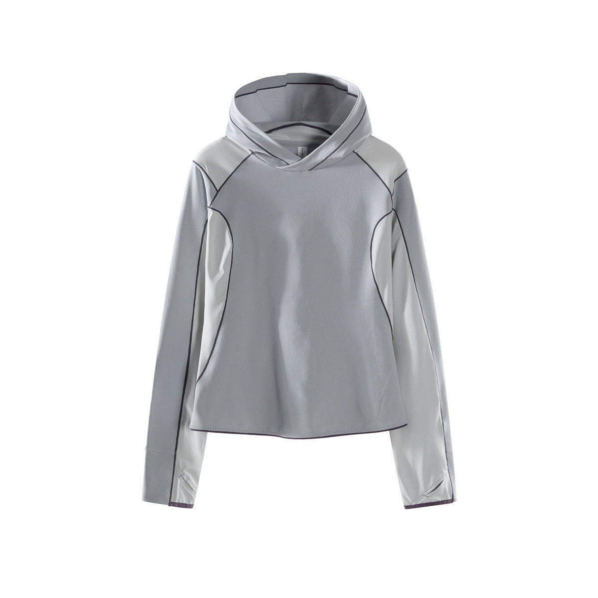 Light gray pullover hoodie with lighter gray panels and dark contrast stitching, flat front view