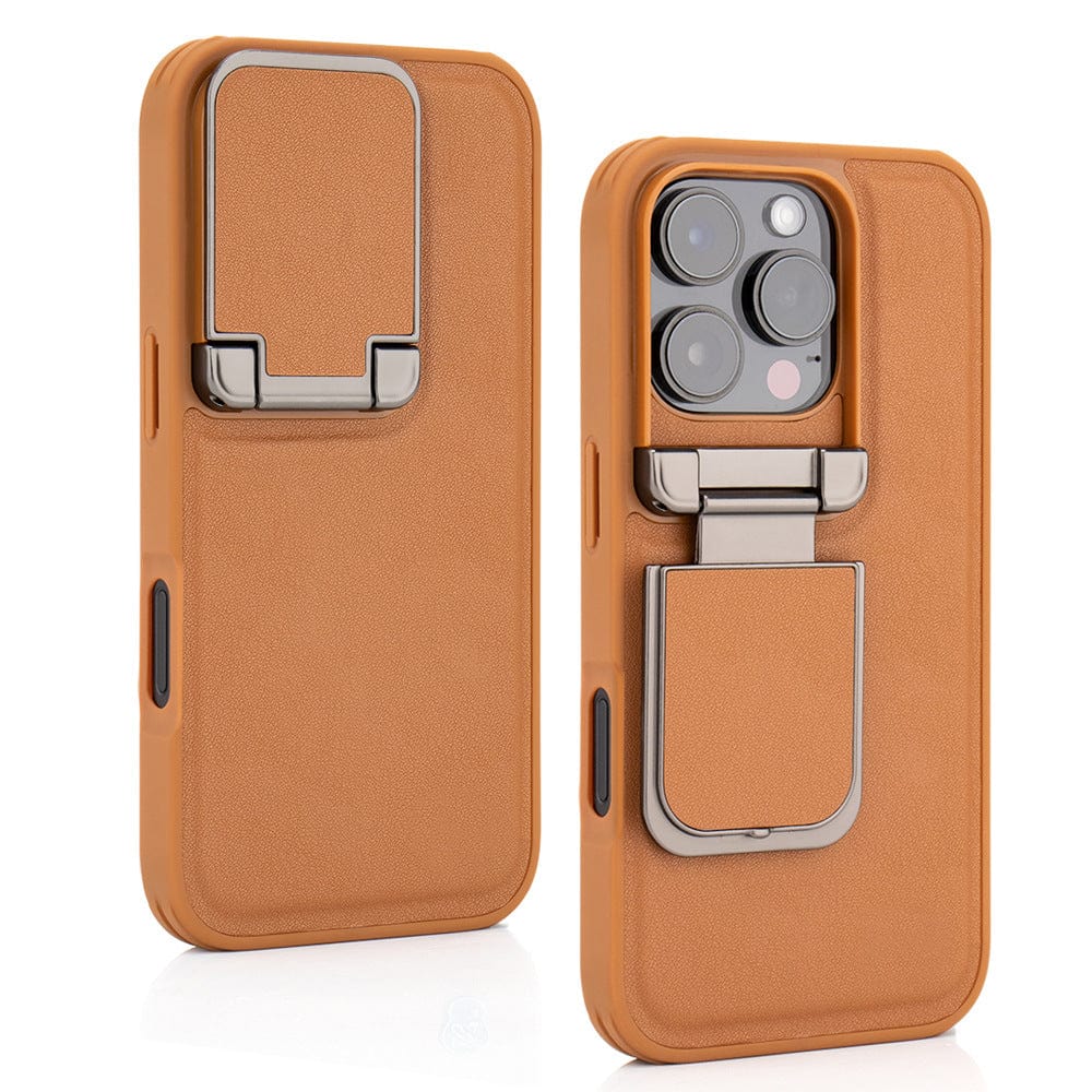 The iPhone 16 Pro Max Leather Case with Metal Kickstand is a premium protective cover featuring an attached metal kickstand and a luxurious leather-like texture. It includes a rotatable camera shield for full protection while maintaining access to all phone cameras and controls.
