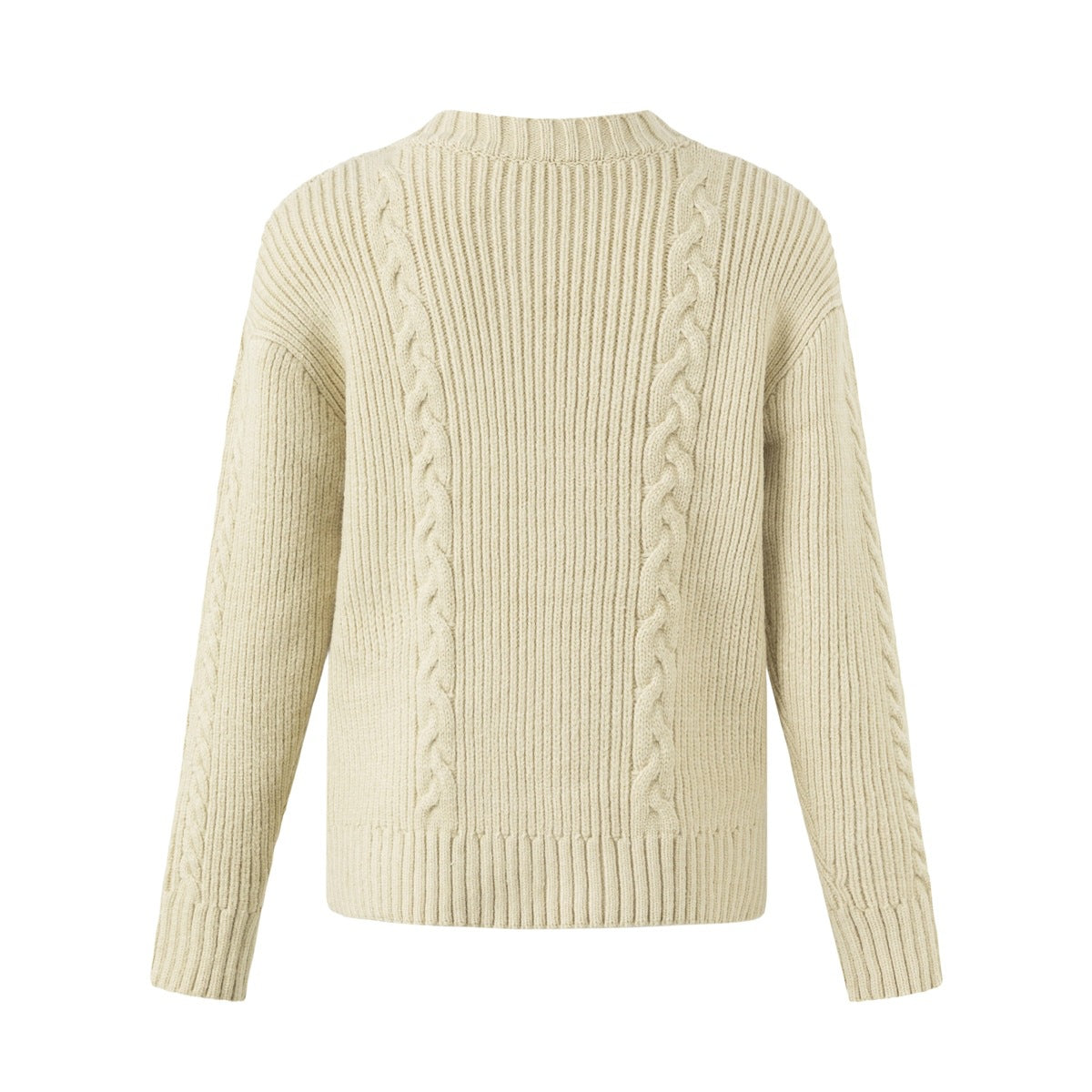 Back view of apricot ribbed knit cardigan with two vertical cable panels and ribbed hem and cuffs