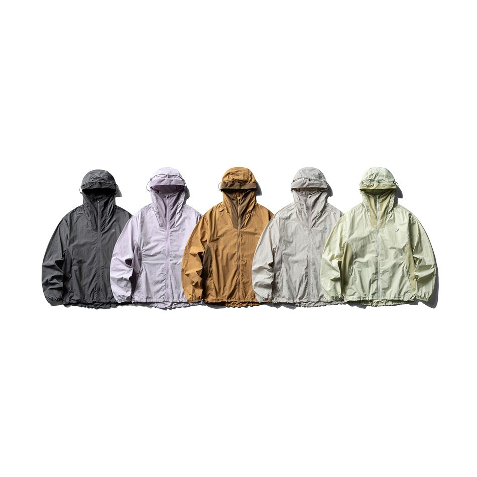 Five hooded zip jackets shown together in black, lavender, brown, light gray, and pale green.