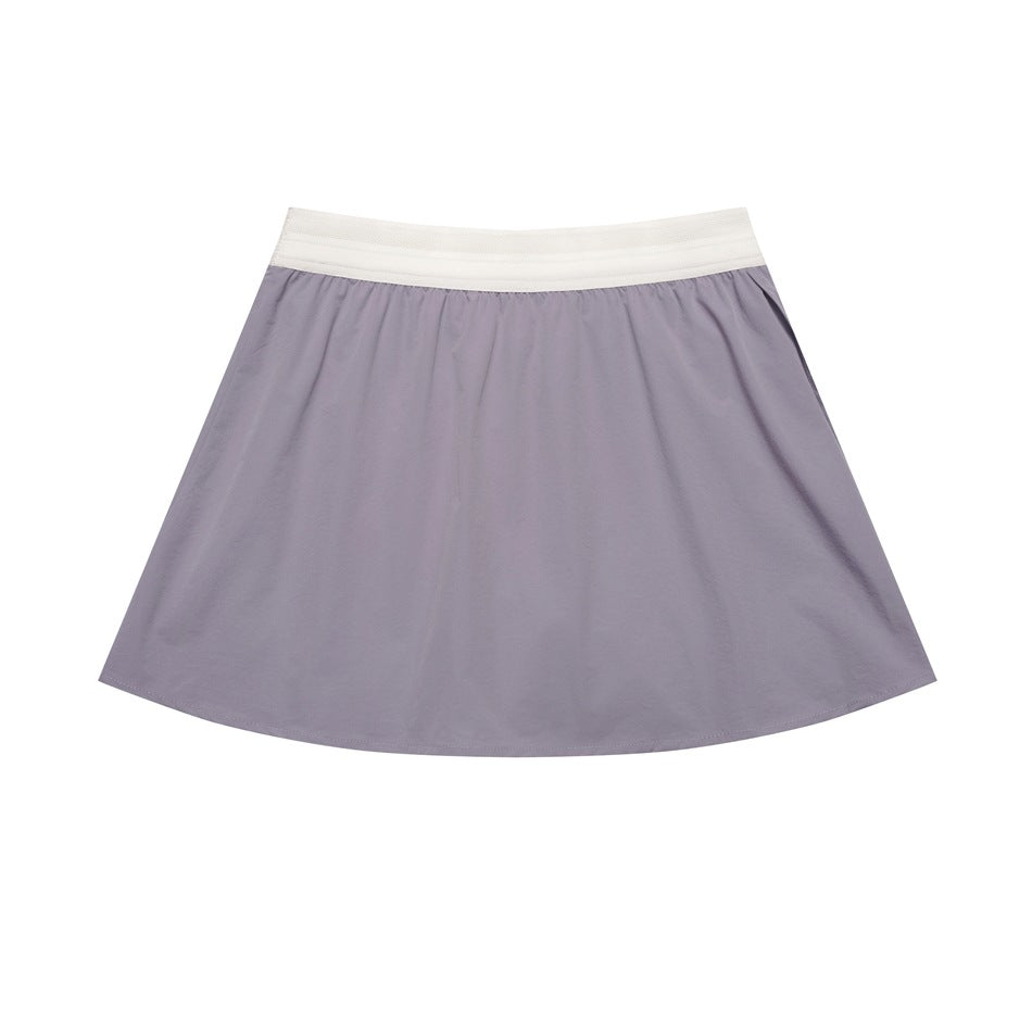 Lavender flared skirt shown flat from the front with a contrasting white waistband.
