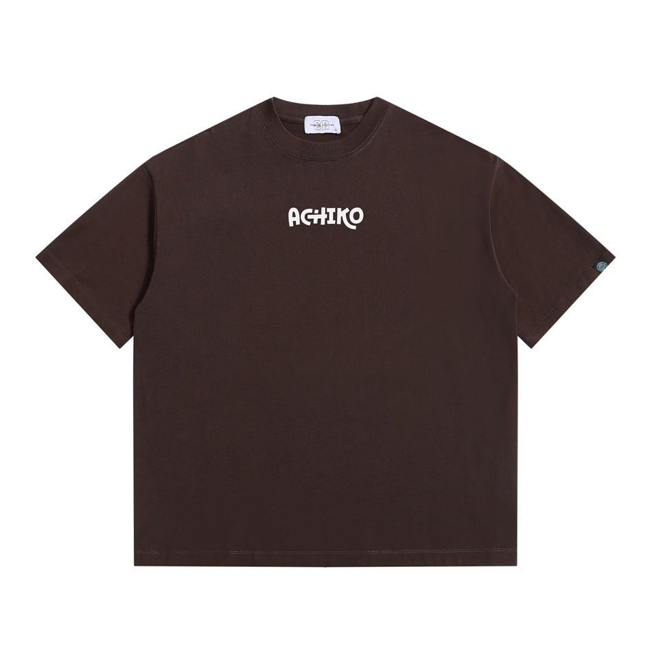 Coffee brown short-sleeve crew-neck T-shirt with cream logo print at center chest, flat front view