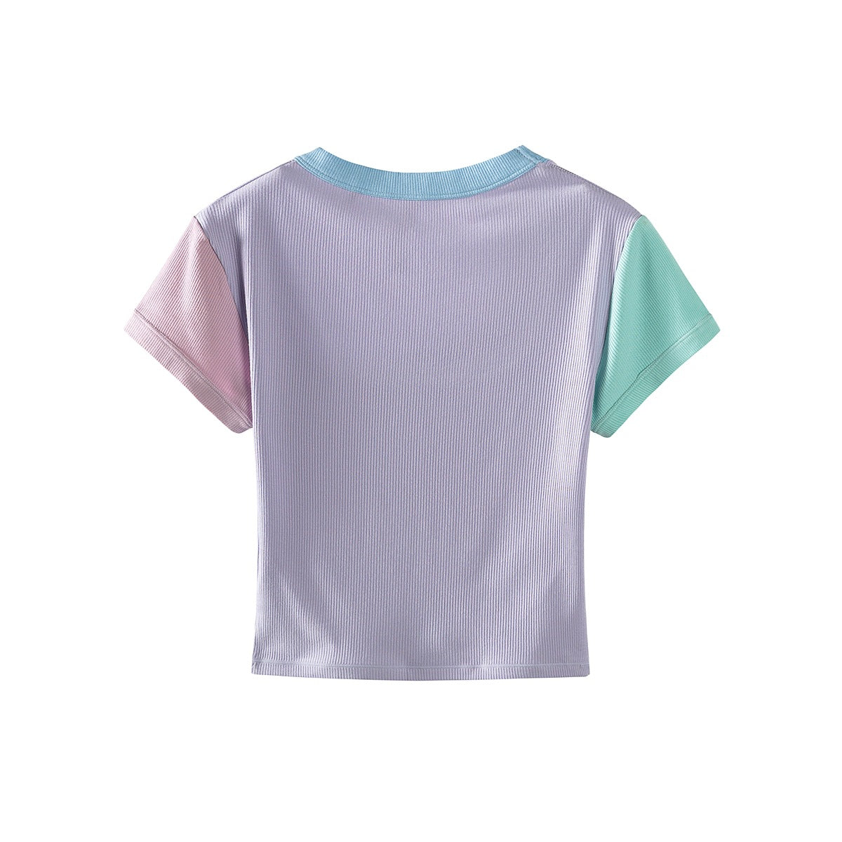 Back of a ribbed lavender short-sleeve top with a blue neckline and pink and mint sleeves.