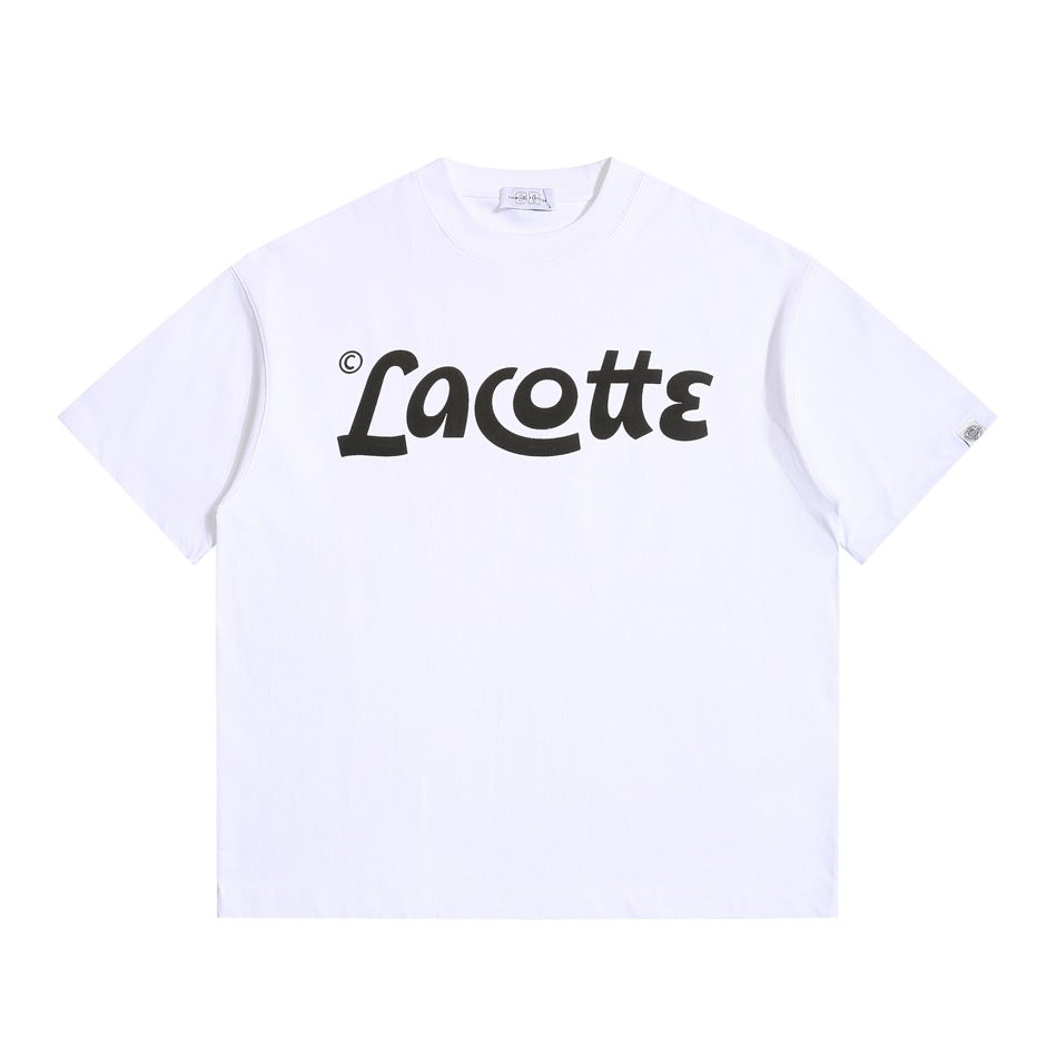 White short-sleeve crewneck T-shirt with a large black script wordmark print on the chest, flat front view