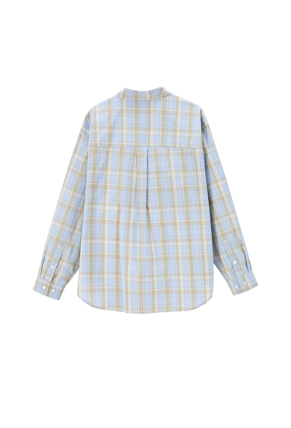 Back view of light blue and beige plaid long-sleeve shirt showing back yoke, center pleat and buttoned cuffs