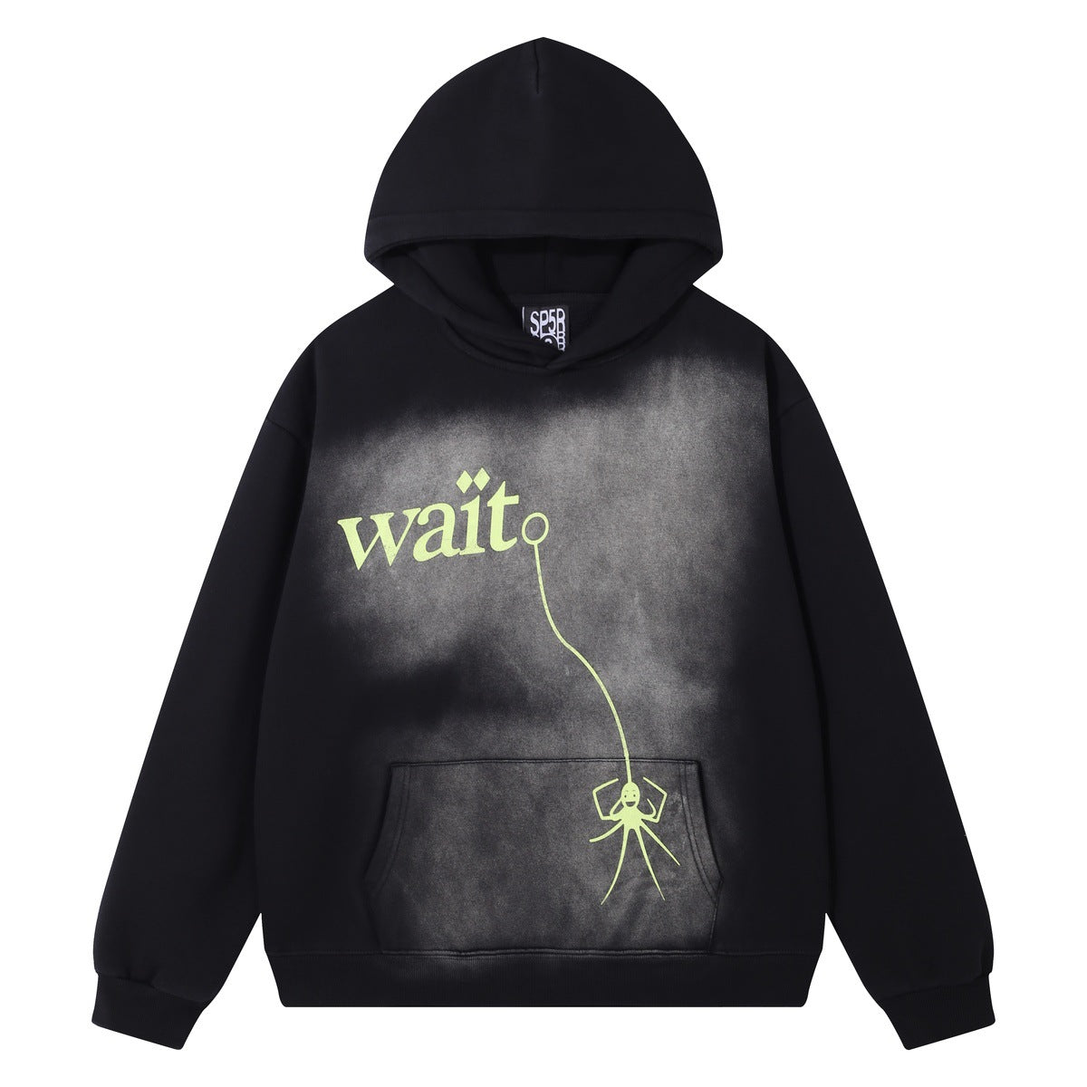 Black acid-washed sp5der pullover hoodie with neon green wait graphic and spider illustration on the front